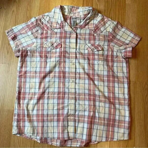 Wrangler wrancher shirt women’s 2X pink yellow plaid with pearl button snaps